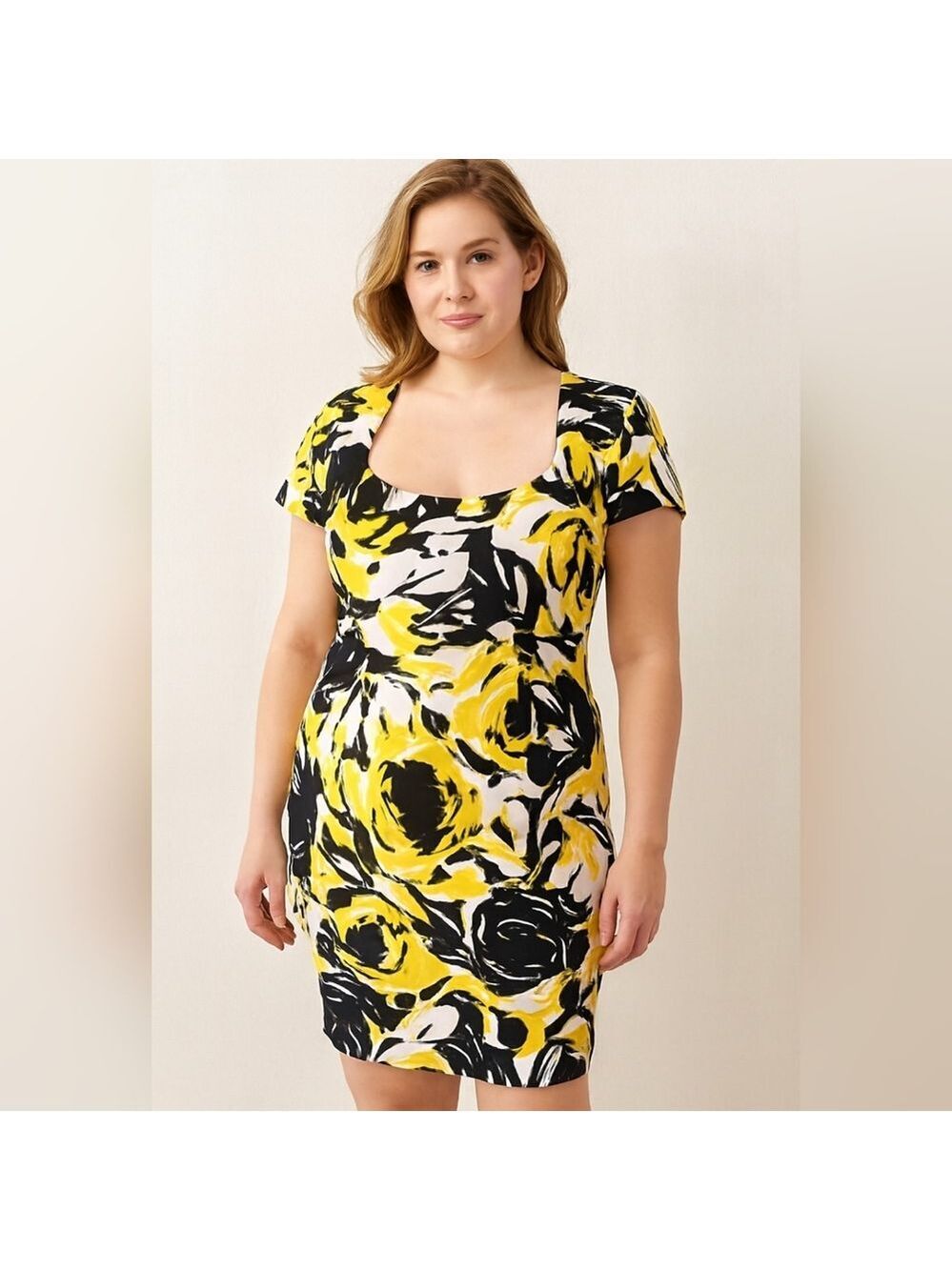 Vintage Jessica Vibrant Yellow/Black floral Careerwear Sheath MidiDress. Size 8